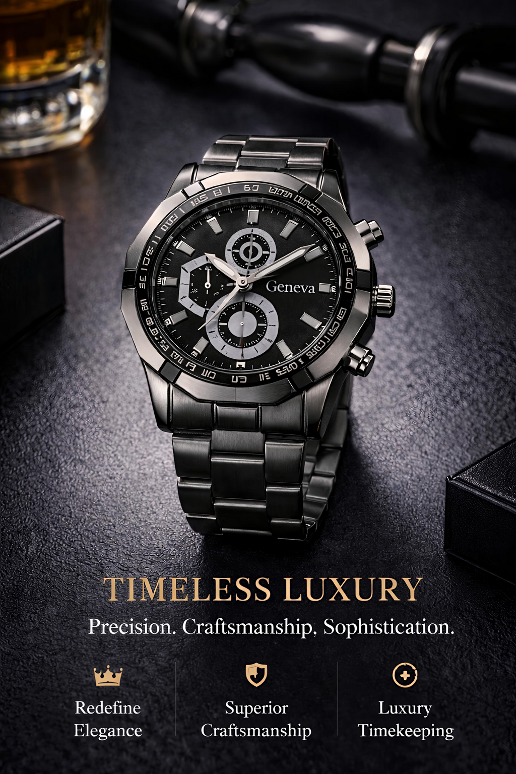 Zed Black Phantom X – Geneva Edition Luxury All-Black Chronograph Watch for Men