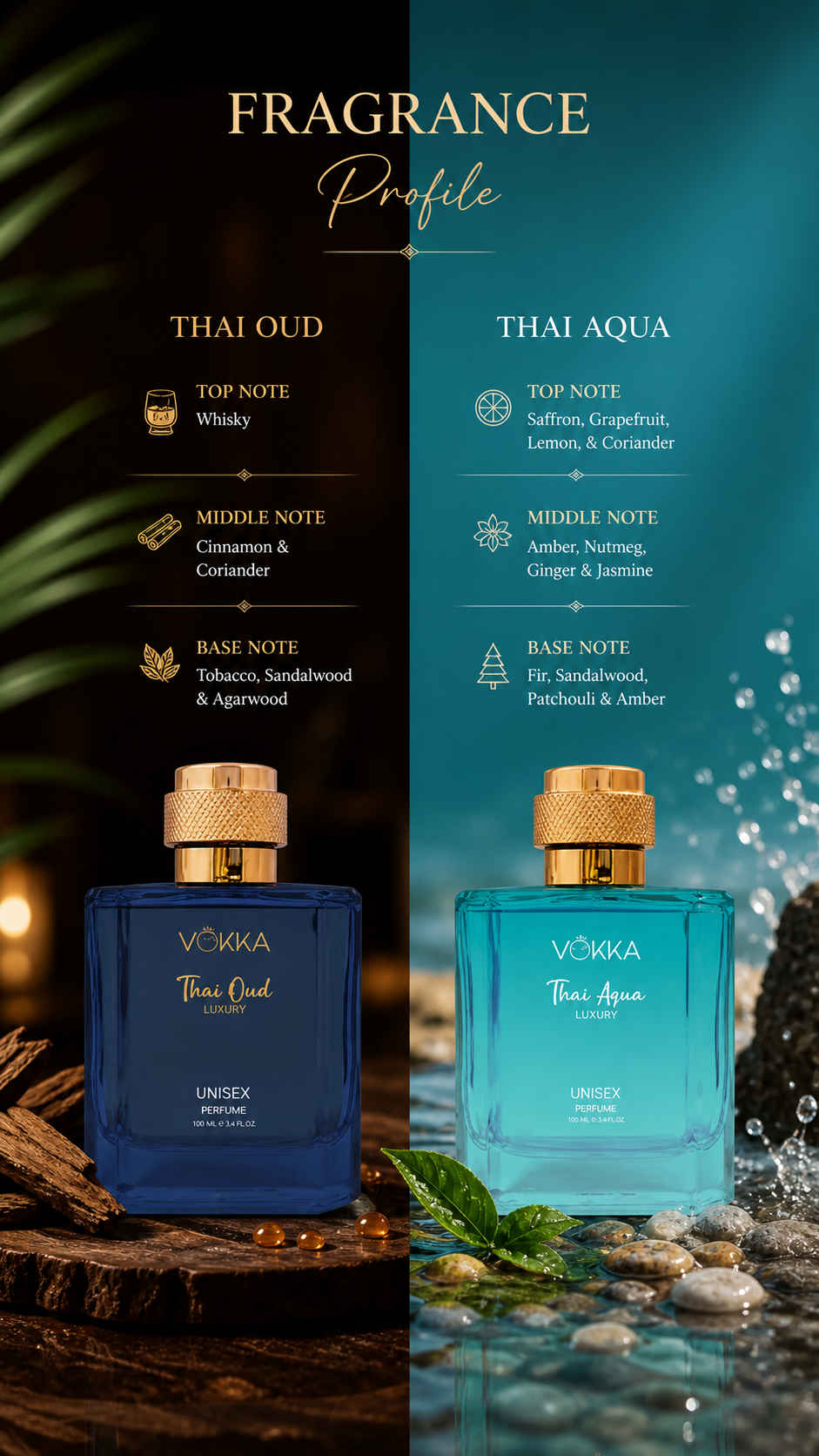 VÖKKA Thai Oud & Thai Aqua Luxury Perfume Combo – Long Lasting Unisex Fragrance (Pack of 2)
