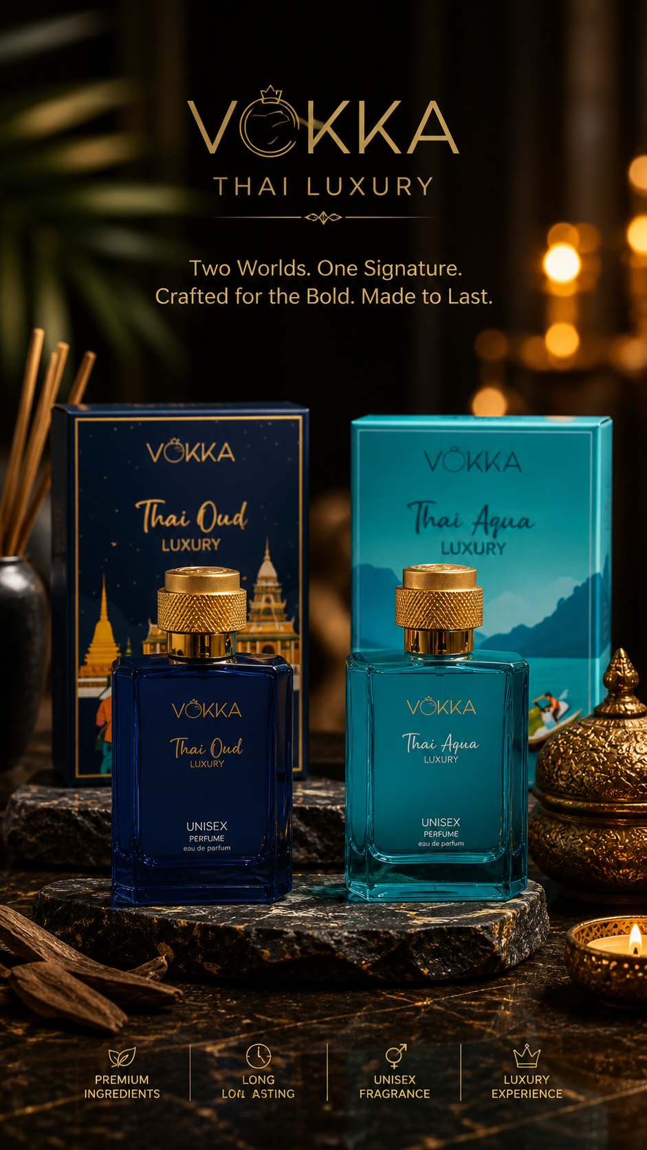 VÖKKA Thai Oud & Thai Aqua Luxury Perfume Combo – Long Lasting Unisex Fragrance (Pack of 2)