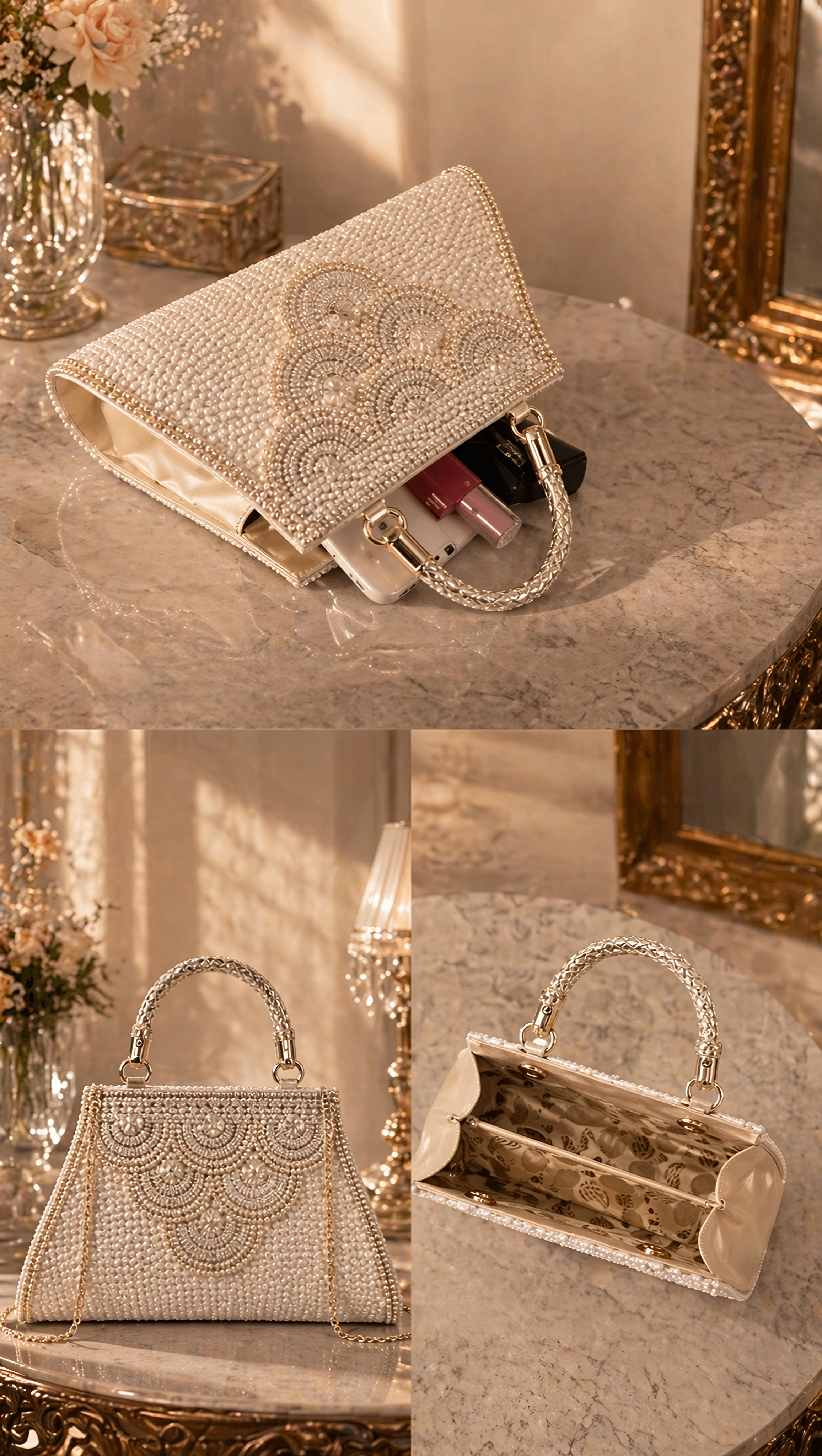 Royal Pearl Elegance Handbag – Luxury Designer Bridal & Party Clutch